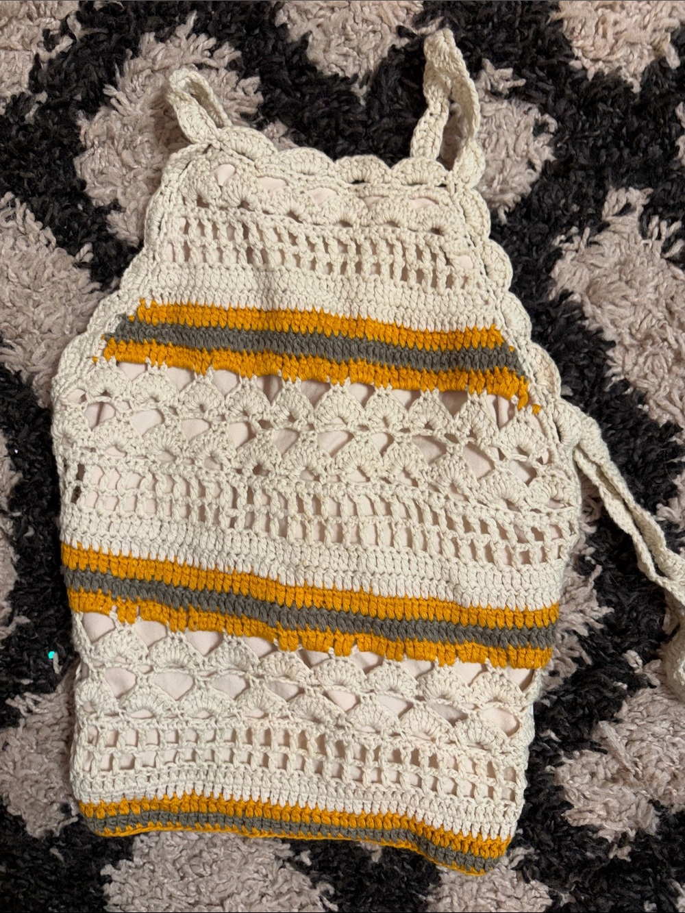 OFFERS! Small Charlotte Russe Cream Crochet Halter Top w Mustard & Olive Stripes